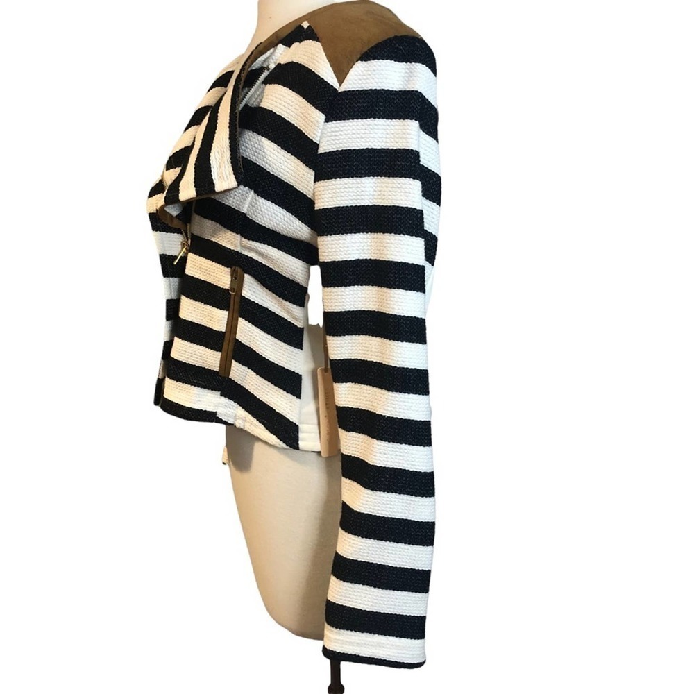 Gibson & Latimer NWT Black White Tan Brown Striped Moto Jacket Small - Picture 4 of 14